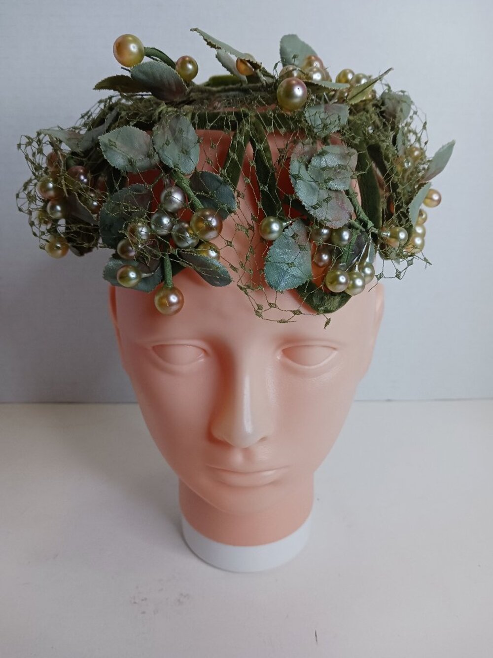 Vintage 1930's Floral Green Velvet Faux Pearls Wedding Bridal Crown Hat